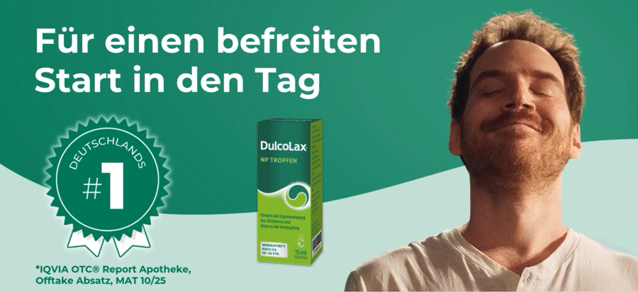 Text: Planbare Erleichterung. Wirkt bereits nach ca. 10 Stunden. DulcoLax NP Tropfen. DulcoSoft.
